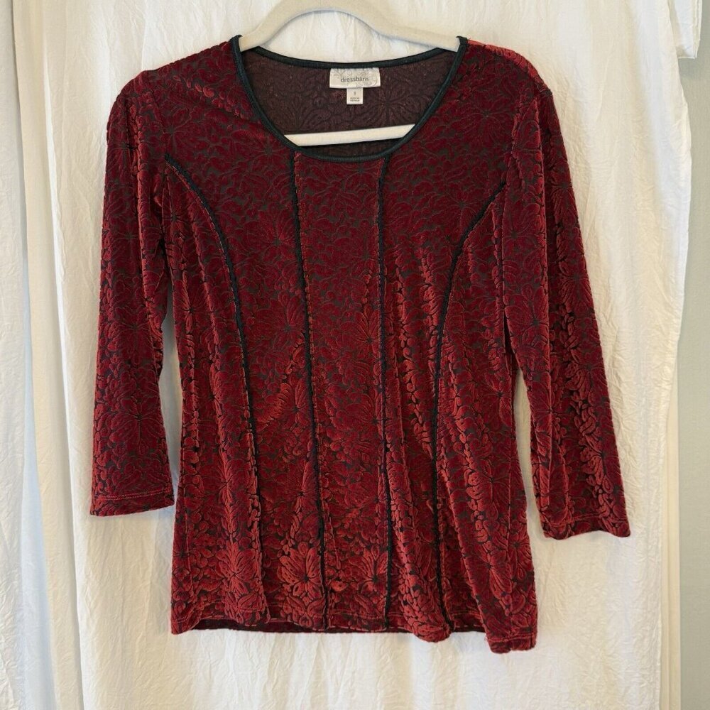 Vintage Red Black Velvet‎ Burnout Top S Whimsigoth Fairy Dark Floral Y2K